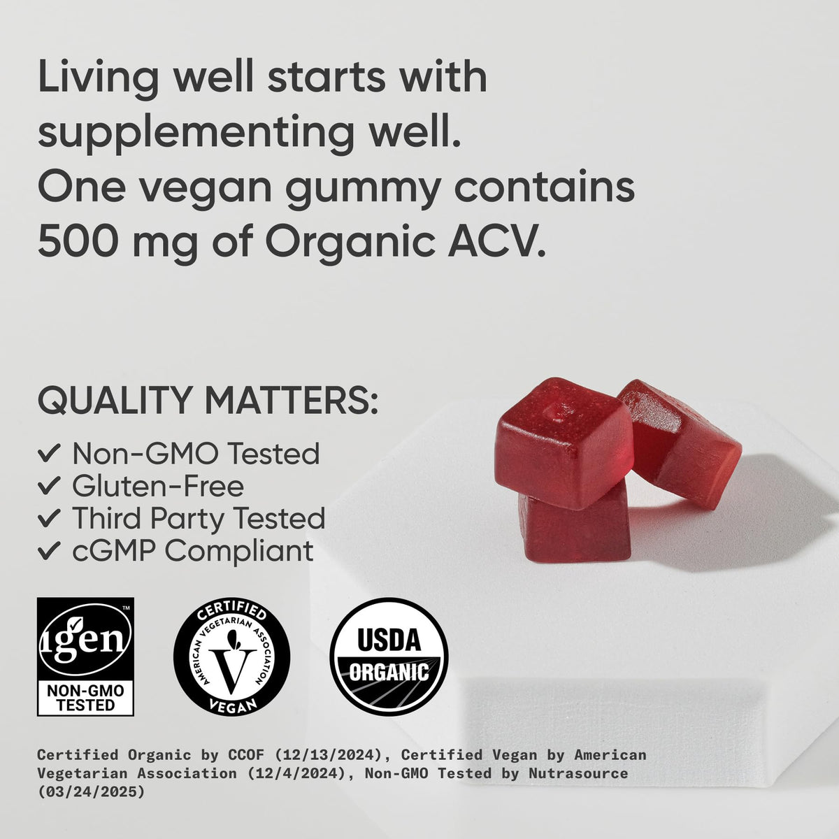 Sports Research Organic Apple Cider Vinegar Gummies – 500 mg, Sugar-Free, 60 Count