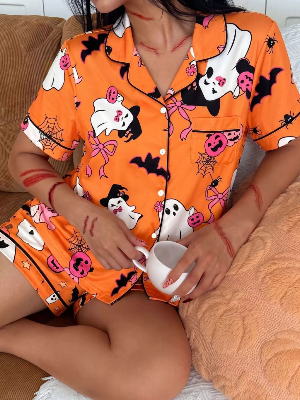 Halloween Ghost Print Button-Down Top and Shorts Lounge Set